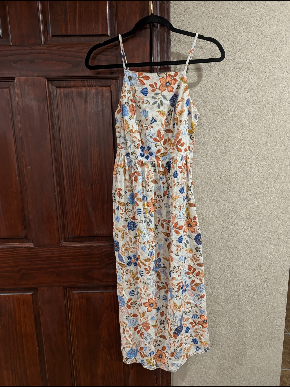Old Navy Cream Floral Spaghetti-Strap Midi Dress with Blue and Orange Accents